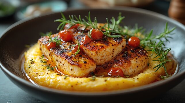 The image depicts a plated dish featuring seared pieces of fish atop a creamy, yellow pur&eacute;e or polenta