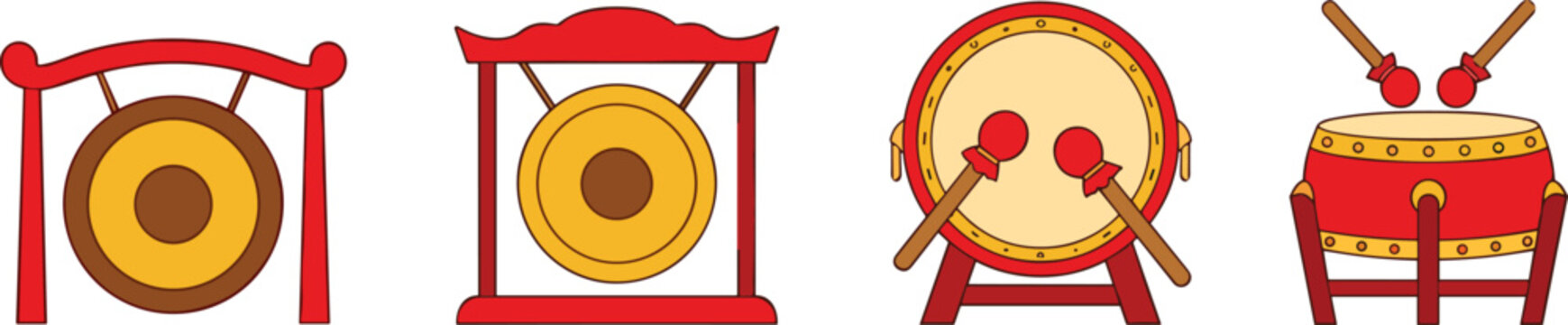 Traditional Chinese musical instruments vector set with gongs and red drums for Lunar New Year celebration