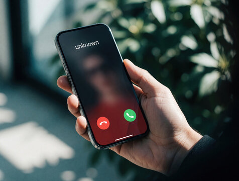 Person holds smartphone displaying incoming call from unknown number. Answer or decline call options visible. Blurred green leaves form background.