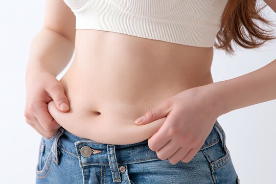 女性がお腹の脂肪を摘まむダイエットやボディケアのイメージ