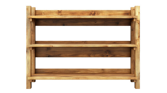 The image features a simple, sturdy wooden shelf unit with three horizontal shelves supported by vertical side panels. The wood has a natural finish, showcasing its grain and warm tone