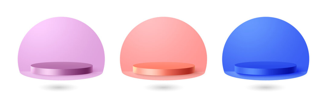 Three colorful domes for product showcase or presentation on transparent background