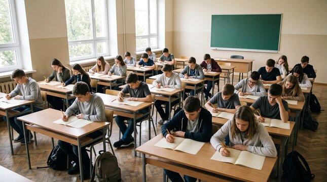 High angle view of students seated at wooden desks taking written exam in quiet classroom, depicting academic testing environment