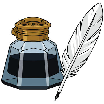 Vintage Glass Inkwell and Feather Quill Pen Vector Illustration