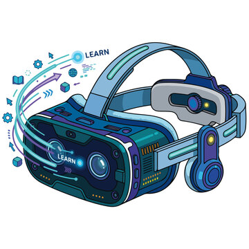 VR Headset with Learning Digital Elements Vector Illustration