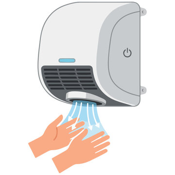 Wall Mounted Hand Dryer Blowing Air On Hands Vector Illustration