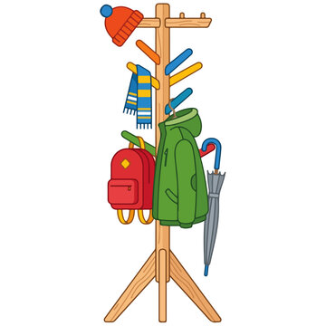 Wooden Coat Rack With Winter Accessories Cartoon Illustration