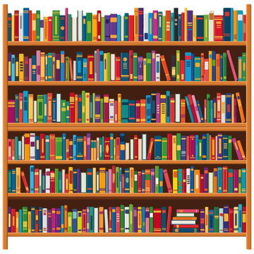 Wooden Bookshelf Filled With Colorful Books Flat Vector Illustration
