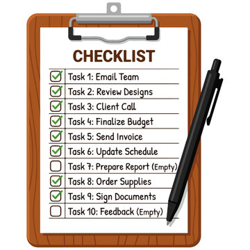 Wooden Clipboard with Completed Task Checklist and Pen Vector Illustration