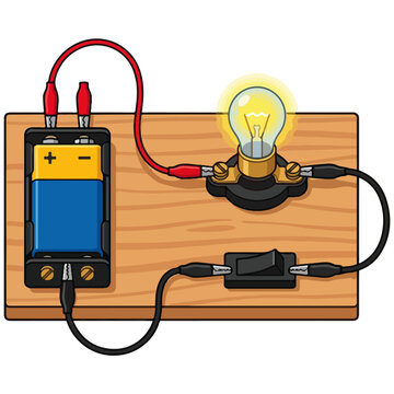 Working Electric Circuit Experiment with Battery and Glowing Light Bulb Vector Illustration