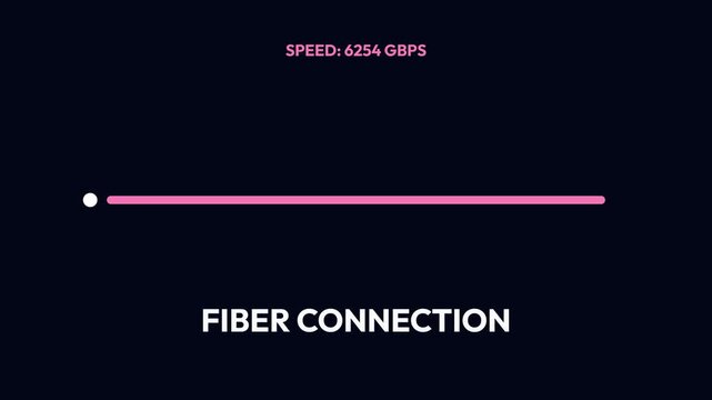 Fiber connection speedometer animation, displaying various high-speed data transfer rates on a sleek black background with a pink progress bar, symbolizing rapid internet connectivity and digital
