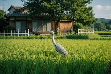 Fototapeta premium Grey heron stands in green rice paddy field near traditional Japanese house. Rural summer landscape with lush paddy plants, tall bird and farm building.