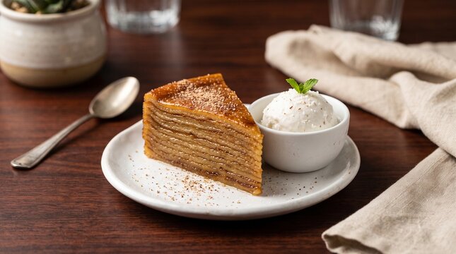 Traditional Goan Bebinca Layer Cake Dessert with Ice Cream