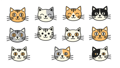 Obraz premium Cute set of eleven different cartoon cat heads in orange, grey, black, and white colors on a white background.