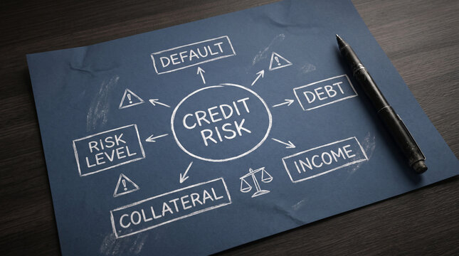 A diagram illustrating the concept of credit risk with associated factors such as default, debt, income, collateral, and risk level. The diagram is drawn on a dark blue paper with a pen next to it.