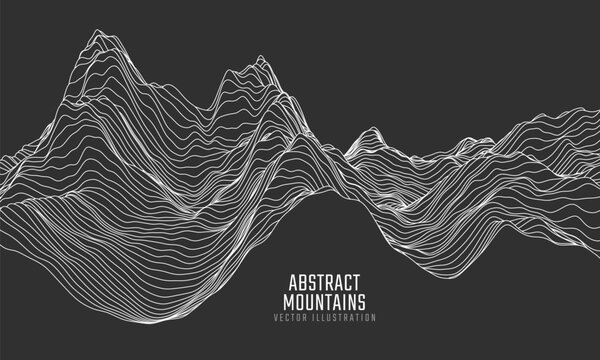 Contour mountain landscape. Waved line art. Abstract minimal topographic map. Contour lines with elevations and terrain depth. Vector illustration.