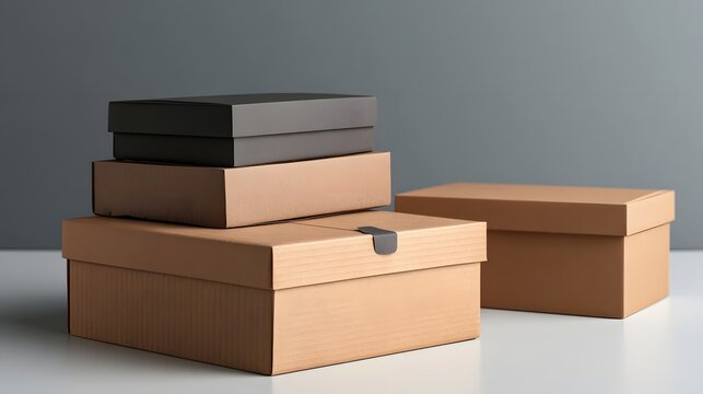 Stacked cardboard boxes in neutral tones on a clean white surface with soft lighting and minimalist background