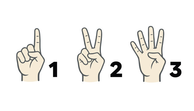 Three cartoon hands counting one, two, and three fingers respectively with bold black numbers beneath them.