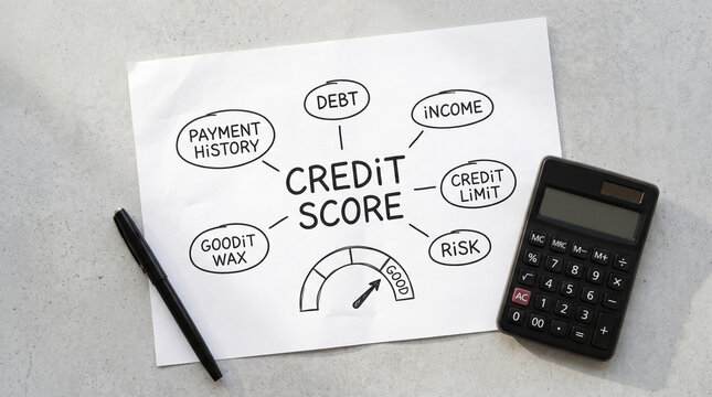 Diagram illustrating the concept of credit score with related factors like payment history, debt, income, credit limit, risk, and a gauge indicating the score, along with a pen and calculator