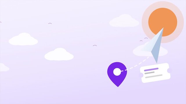 Animated pastel purple travel background with flying paper airplane map marker and boarding pass
