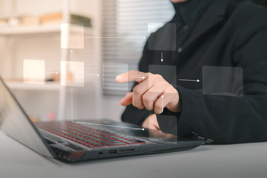 Businesswoman making business process management and automation concepts. Connected lines for flowchart diagram on virtual screen. Workflow implementation to improve company productivity efficiency.