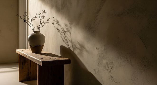 Wabi sabi hallway interior with wooden bench and vase background full hd download 2025 2026 1