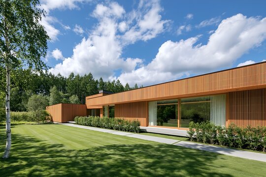 青い空と緑の芝生が広がる開放的なモダン木造建築住宅