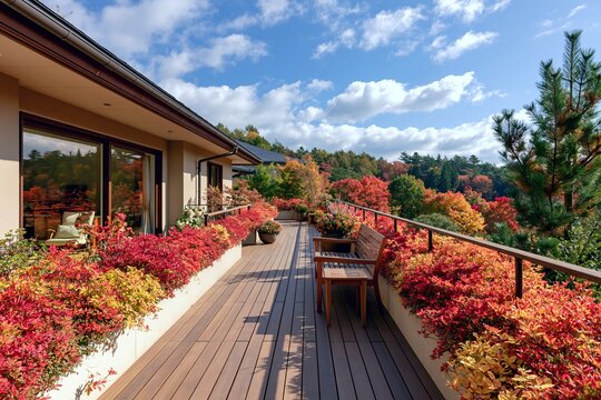 日本の秋を満喫する紅葉美しいウッドデッキテラスからの絶景