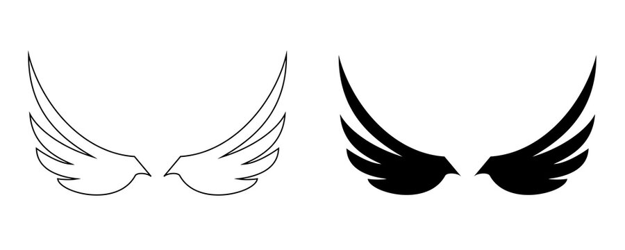 Set of black wing icons with outline and silhouette styles for artistic logo decoration.