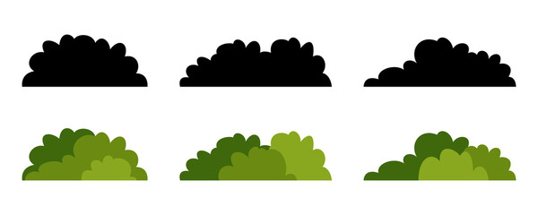 Diverse bush icon set black and green foliage shapes for natural landscape environment. © SAYEMART