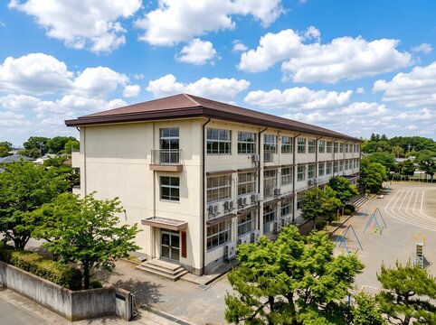 日本の学校校舎と校庭青空広がる学び舎