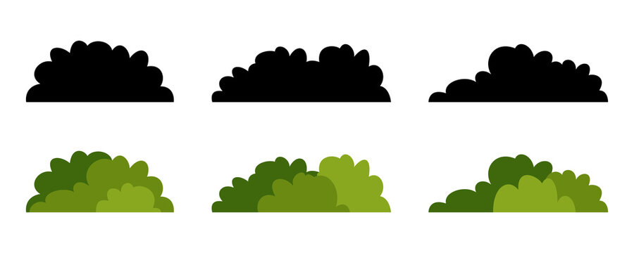 Diverse bush icon set black and green foliage shapes for natural landscape environment.