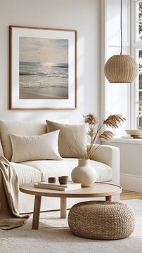 Contemporary living room featuring a cozy beige sectional sofa, a wooden coffee table, and natural light