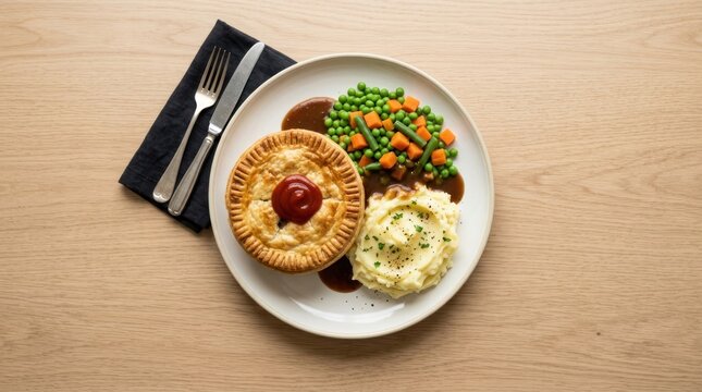 A plate of food with a pie, mashed potatoes, and vegetables on a wooden table.