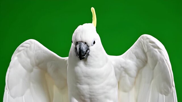 Close-up of a white cockatoo with a yellow crest on a green screen, spreading its wings and looking around.