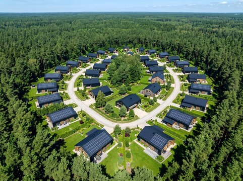 持続可能な暮らしを実現する森の中の円形太陽光パネル住宅地空撮