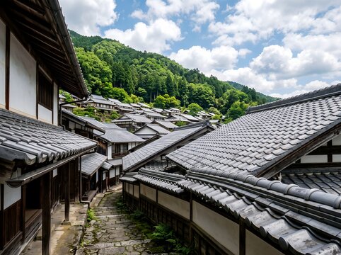 伝統と歴史感じる日本の山里に瓦屋根が連なる古民家の街並み