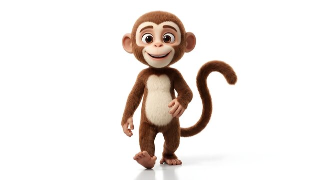 Cute cartoon monkey walking with a happy expression on a white background.