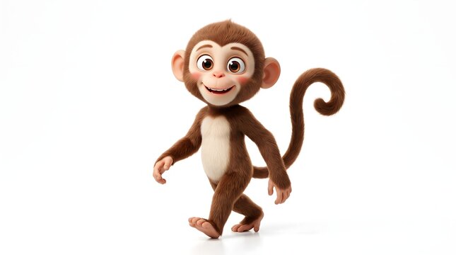 Cute cartoon monkey character walking happily on a white background.