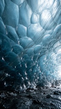 Scalloped ice ceiling patterned by moving air in a glacier cave