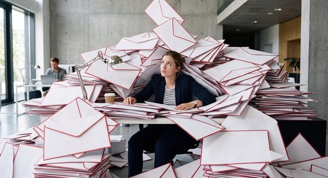 Businesswoman overwhelmed by massive email avalanche on office desk, dealing with unread messages and communication overload