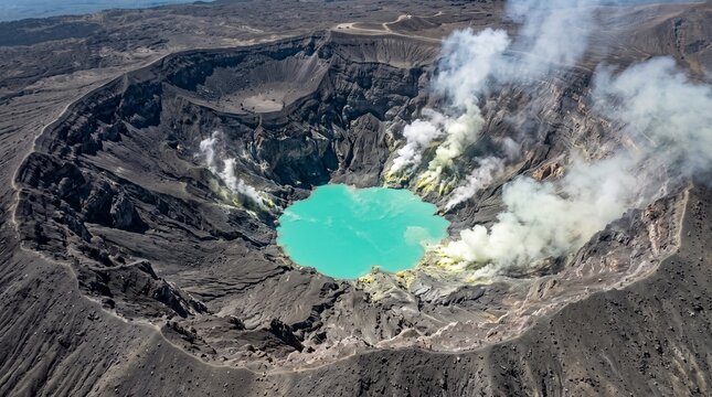 Aerial view of active volcano crater featuring bright turquoise acid lake and steam vents, symbolizing geological geothermal activity
