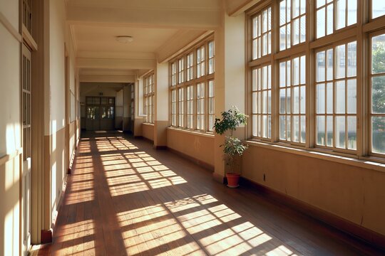 静かな木造校舎の廊下を窓から差し込む日の光と影が彩る