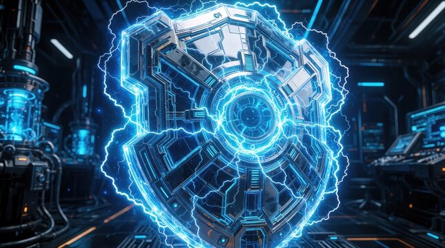 Futuristic 3D shield crackles with electric blue energy. Advanced tech facility background with glowing consoles. Digital defense system powered by raw energy.