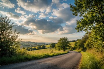 Naklejka premium Curving country road goes through green rolling hills under a cloudy sky. Sunlight breaks through clouds illuminating the landscape. Trees line the roadside.