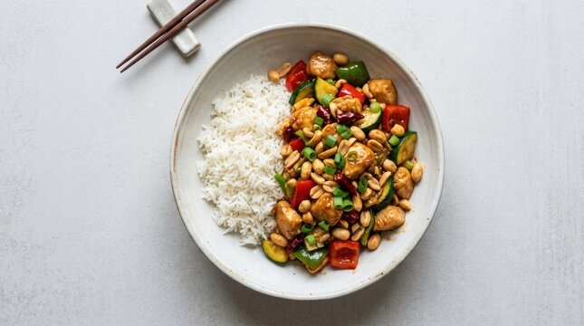 A bowl of stir-fried vegetables with chicken and rice on a white tablecloth.