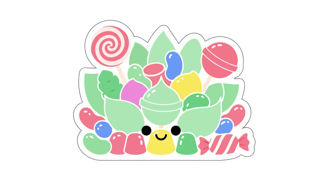 Cute Candy Cartoon Character with Leaves and Sweets