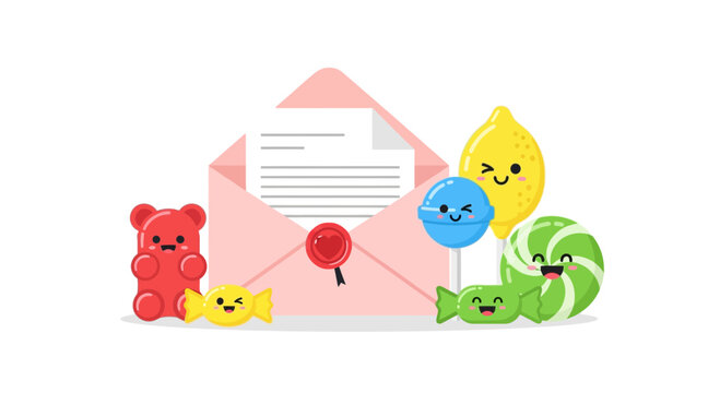Cute Candy Characters with Pink Envelope and Letter, Isolated