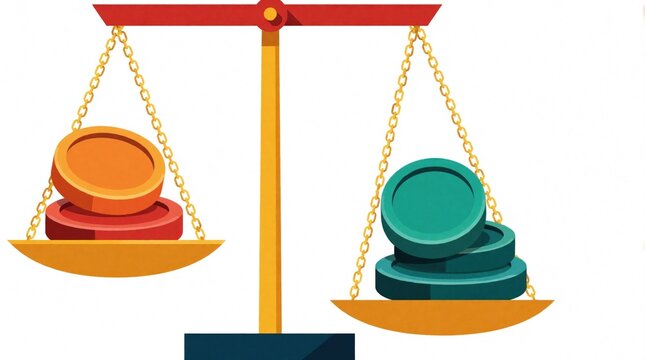 Balanced scales show unequal stacks of colorful coins, representing a choice or decision. One side has two orange and red coins, the other has three teal coins, suggesting imbalance and evaluation.