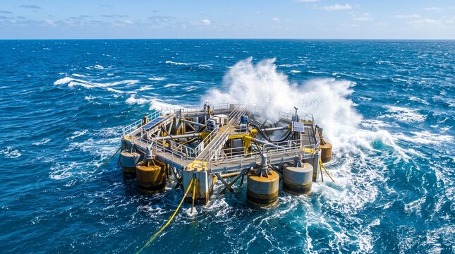 Floating offshore wave energy converter station capturing powerful ocean waves, conveying sustainable marine green technology